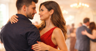 casal dançando com postura confiante em salão iluminado