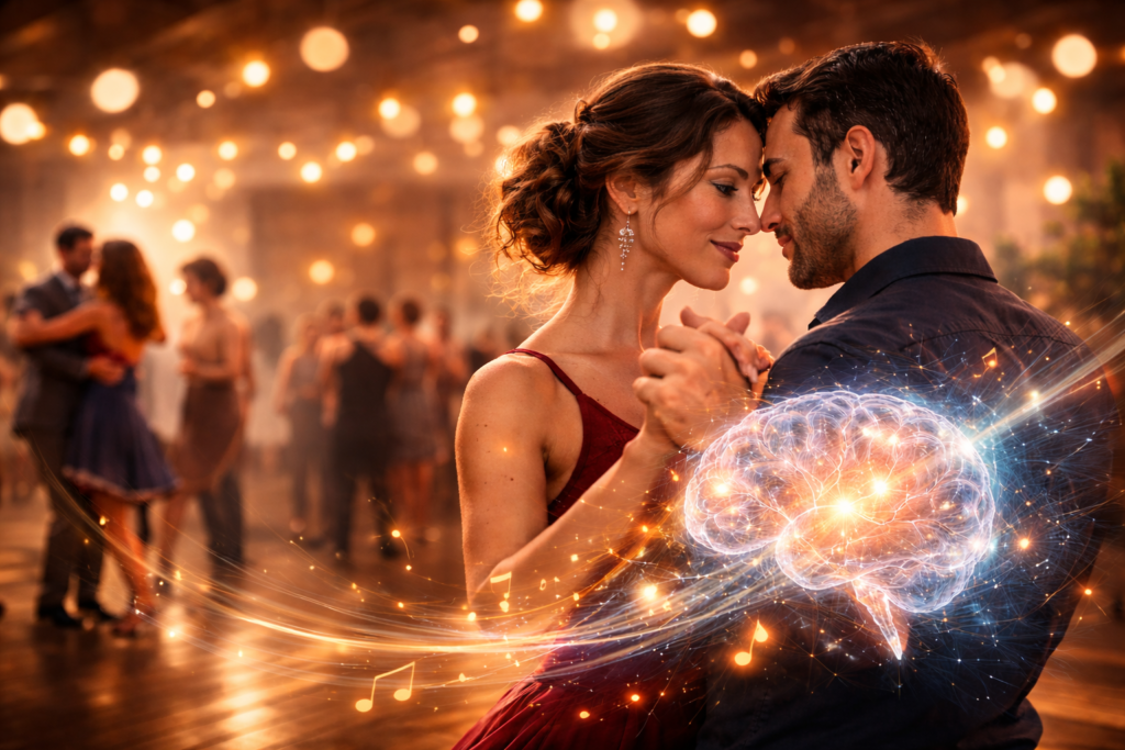 casal dançando dança de salão com expressão concentrada
