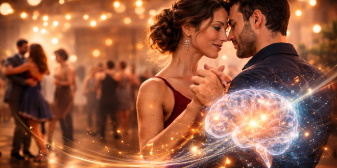 casal dançando dança de salão com expressão concentrada