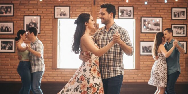 casal dançando dança de salão em movimento dinâmico